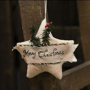 Primitive Merry Christmas Linen Star Ornament sprig of greenery, red pip berries